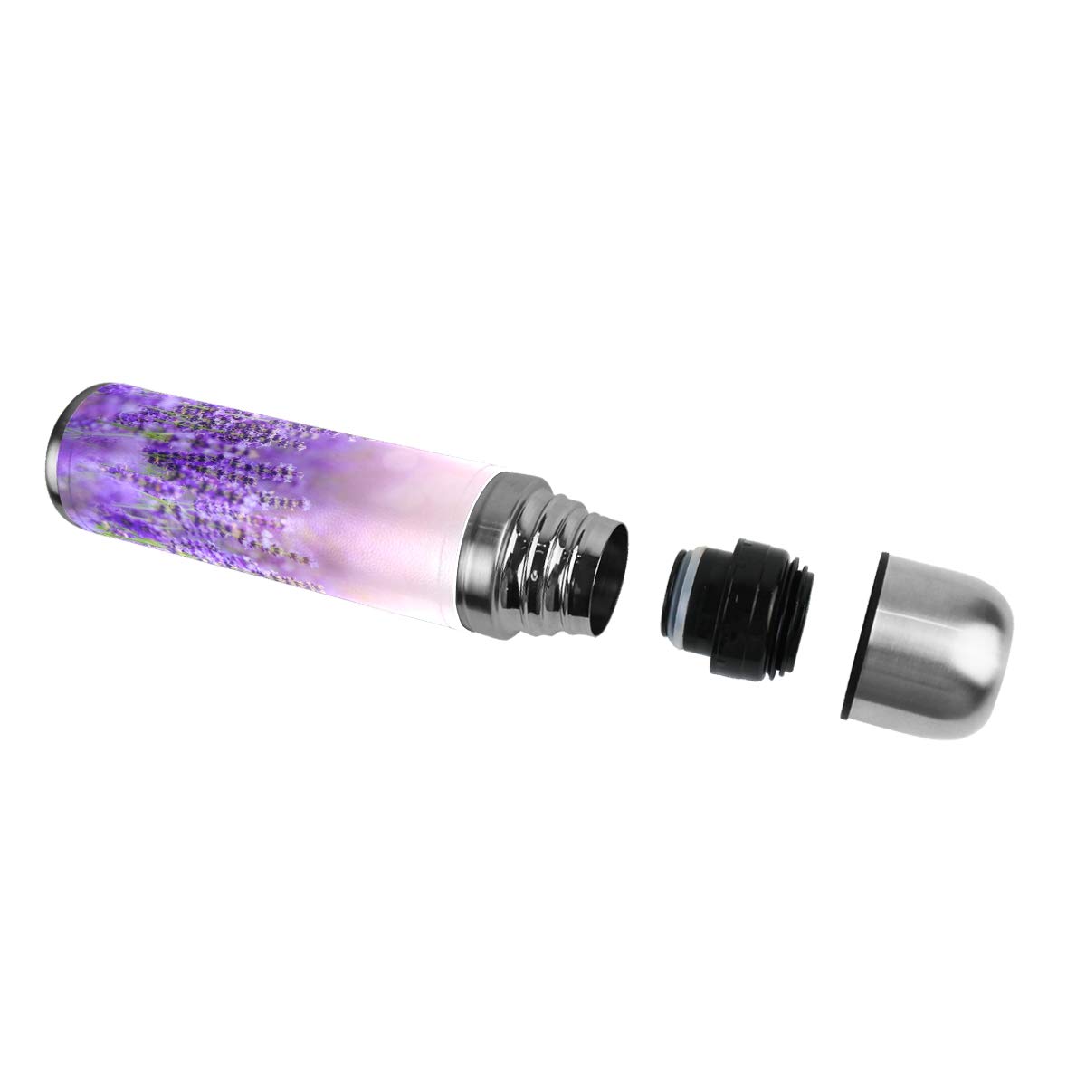 Taza de viaje de acero inoxidable con aislamiento al vacío, doble pared, a prueba de fugas, color violeta y lavanda, personalizable con estampado de piel auténtica, 500 ml
