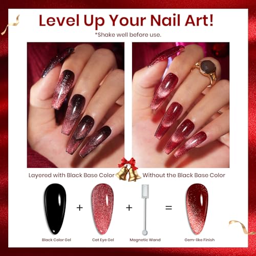 Image of Beetles Cat Eye Gel Nail Polish Set, 6 Colors Glitter Gel Polish Kit Red Pink Shiny Brown Burgundy Purple Blue Green Magnetic Effect Sparkle Stunning Soak Off UV Manicure Gifts for Women