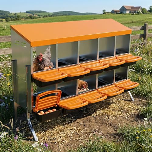 GarveeTech 10-Hole Poultry Nesting Box with Bracket & Egg Collection Tray, Chicken Laying Box with Ventilation Design for Hens & Ducks, Ideal for Back