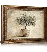 Vintage Gold Framed Olive Tree Wall Art,Pottery Still Life Painting Wall Decor, Neutral Botanical...