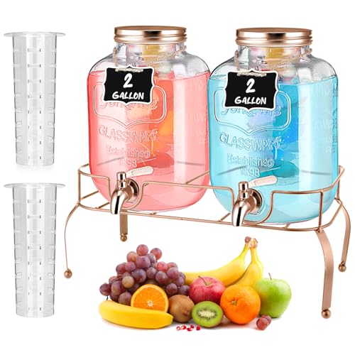 Image of Lallisa 2 Pcs 2 Gallon Glass Drink Dispenser with Stand Ice Cylinder Hanging Chalkboard Signs 18 /8 Stainless Steel Spigot Beverage Dispensers for Parties Mason Jar Drink Lemonade (Rose Gold)