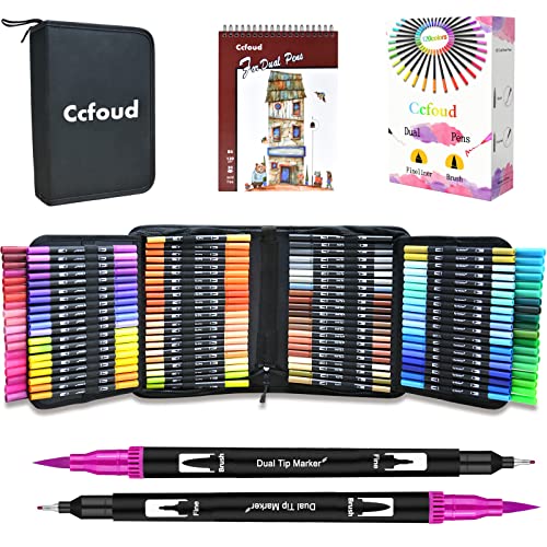 Ccfoud Dual Brush Markers Pens, 120 Colors Dual Tip Art Markers (Fineliner & Brush), Water Based Coloring Brush Pens Markers Set for Kids Adult Coloring Book, Calligraphy, Drawing