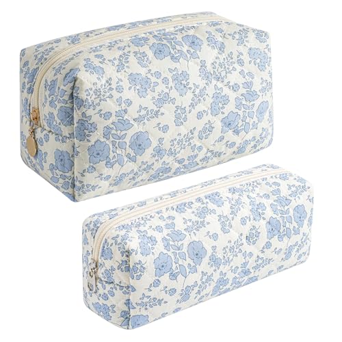 JOVAKIT 2Pcs Makeup Bag Quilted Cosmetic Bag for Women Girls, Floral Coquette Cotton Toiletry Zipper Make Up Pouch, Travel Storage Organizer Pouch (Blue Floral)