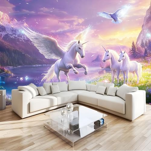 3D Papier Peint Panoramique Licorne Et Colombe Blanche Décoration Murale Enfant Pour Chambre, Salon & Bureau - Facile À Poser (Décoration Maison) 200 X 140 Cm