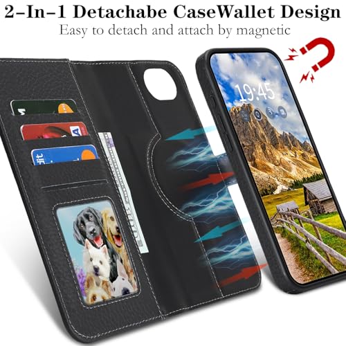 Image of Detachable Genuine Leather Case for iPhone 16e / iPhone 17e Wallet Case Magnetic 2in1 Removable Flip Cover Book Purse Compatible with Magsafe Charging Kickstand Card Holder-Black