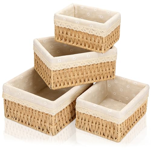 TEWWCEO 4 Piezas Cesto de Almacenaje de Mimbre, Cambiador Trenzado Cesta Organizadora, Cesta de Baño, Apilable, con Forro Estampado Extraíble, Cestas Organizadoras para Dormitorio, Cocina, Salones
