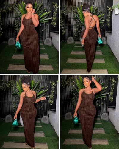 Image of RARITYUS Women's Lace Up Bodycon Maxi Dress Sexy Low Cut Backless Sleeveless Textured Long Party Club Dresses