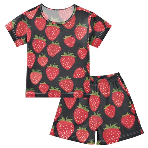 ALAZA Strawberry Fruit Black Pajamas Short Sleeve 2 Piece Sleepwear Top and Bottom Pajama Set Unisex