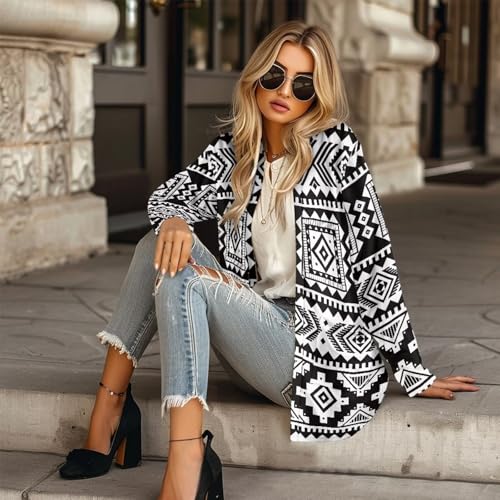 Image of Women's Aztec Open-Front Jacket Lightweight Casual Outerwear Native Western Aztec Pattern & Plaid Houndstooth Print