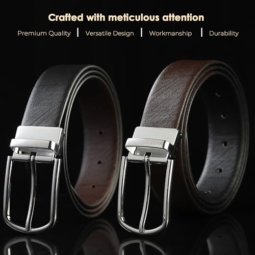 Image of Belts for Men Leather Original, Reversible Black & Brown Formal & Casual Italian Leather Belt with Solid Metal Curved Buckle