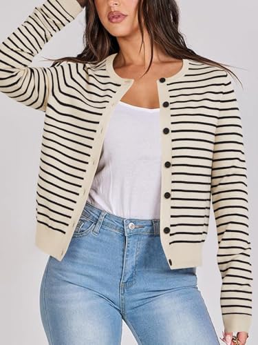 Image of LYANER Women's Striped Cardigan Crew Neck Button Down Open Front Long Sleeve Knit Cardigans Sweater