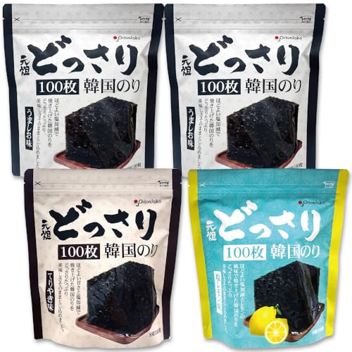 オリオンジャコー どっさり 韓国のり 食べ比べセット うましお味2袋 + 塩レモン味1袋 + てりやき味1袋 / 3種 4袋 各100枚入チャック付き袋 Orionjako