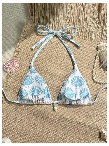 WDIRARA Women's Starfish Print Halter Triangle Bikini Tops Tie Back String Swimsuit Top2