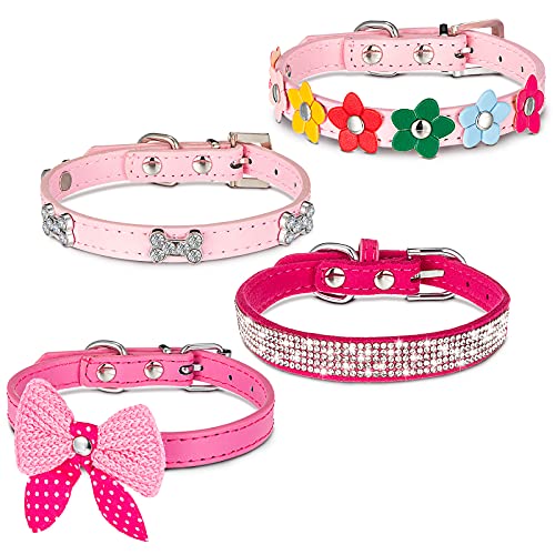 4 Pcs Pink Dog Collar Spiked Studded Dog Collars Pearls Dog Necklace Dog Collar with Rhinestone Bow Knot Crystal Diamond Colorful Flower Bling Girl Dog Cat Collars for Dogs(Novel Style,Small)