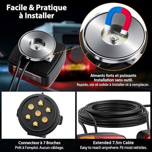 Câble de feux remorque 12V avec 2 ampoules de feu arrière et kit magnétique pour plaque de signalisation - 4