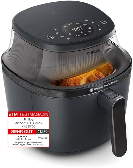 Philips Airfryer 3000 Series 6.2L, Sichtfenster, 16 Garmethoden, RapidAir Plus Technologie, Fat Removal, HomeID Rezepte-App, mühelose Reinigung (NA330/00)