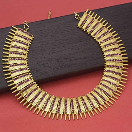 Image of KOLLAM SUPREME ANTIQUE GOLD PLATED BROAD MATTE FINISH RUBY NECKLACE FOR WOMEN