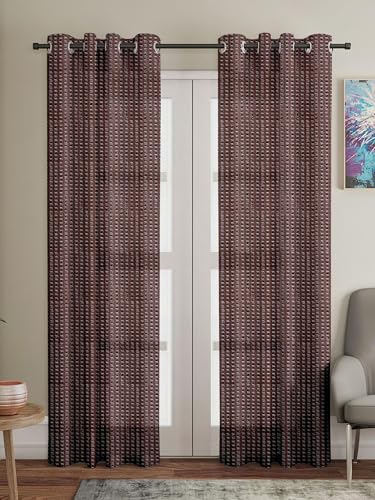 Image of Polyester Transparent Zig-Zag Net Sheer Curtains for Window Balcony Home Decoration, 5 feet Long, Brown, Set of 2