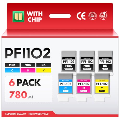 Image of PFI-102 Ink Cartridge 130ml 6-Pack with chip High Yield Replacement Canon imagePROGRAF iPF500 iPF510 iPF600 iPF605 iPF610 iPF650 iPF655 iPF700 iPF710 iPF720 iPF750 iPF755 iPF760 iPF765 Inkjet Printer