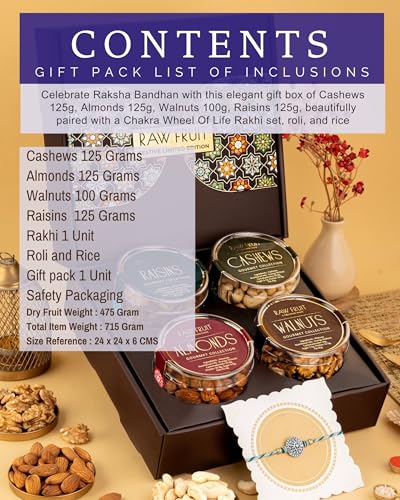 Image of HyperFoods Rakhi with Dry Fruits For Brother Pack of 4 Dryfruits Cashews Walnuts Almonds Pistachios 475 Grams Dryfruits Gift Chakra Wheel of Life Rakhi with Roli & Rice