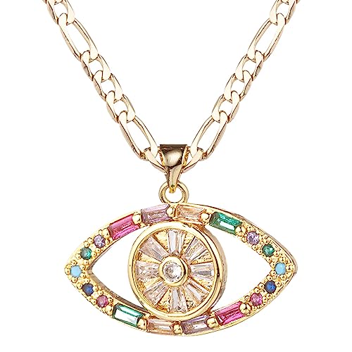 Evil Eye Necklace for Women 14K Gold Plated White Color Cubic Zirconia Inlay Evil Eye Pendant Necklace 3mm Figaro Chain Necklace 18/22 inches