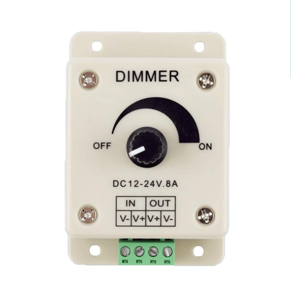 TECHZOCO Regulador de intensidad tira LED, regulador de voltaje con botón giratorio, controlador de atenuación PWM, adecuado para tira LED 5050 3528 | DC 12V-24V 8A