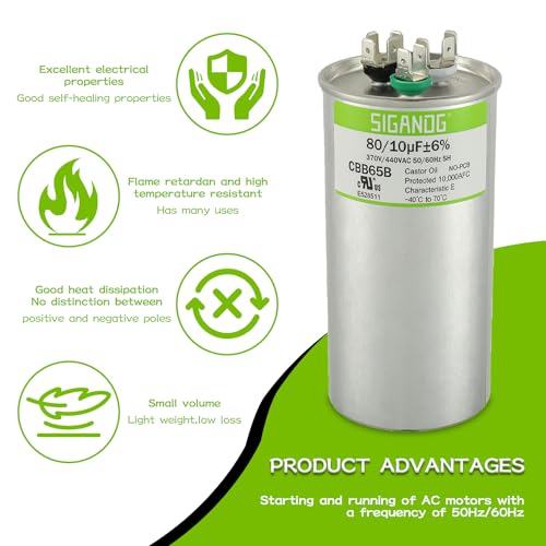 SIGANDG 80/10 uF 80+10 MFD 370V or 440V CBB65 Dual Run Start Round Capacitor 80 10 uF MFD 370 440 Volt VAC for Condenser Straight Cool or Heat Pump Air Conditioner