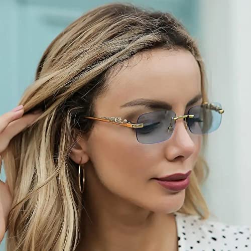 Image of Dervin Leopard Decorated Arms Rimless Rectangle Sunglasses for Men and Women
