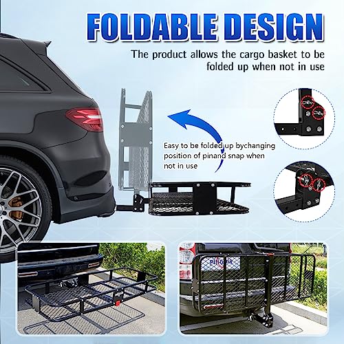 Image of PINGDIR Folding Hitch Mount Cargo Carrier Hitch Rack Basket 60 inch*21.5 inch*6 inch Hauling Weight Capacity of 500 Lbs, Waterproof Cargo Bag 58 inch 19 inch 24 inch, with Hitch Stabilizer,Cargo Net and Ratchet Straps