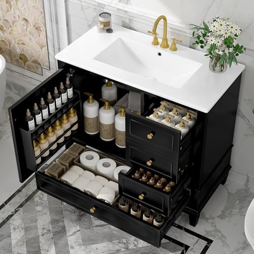 36" Bathroom Vanity with Sink, Harper & Bright Designs Free Standing Single Vanity Set with 3 Drawers and One Door with Storage Racks, Solid Wood Storage Cabinet with Ceramic Basin for Bathroom, Black