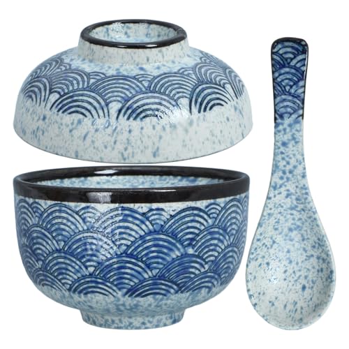 Happyyami Cuencos de Cerámica para Sopa Tapa Cuencos para Ramen y Arroz Diseño Japonés para Cocina y Servir