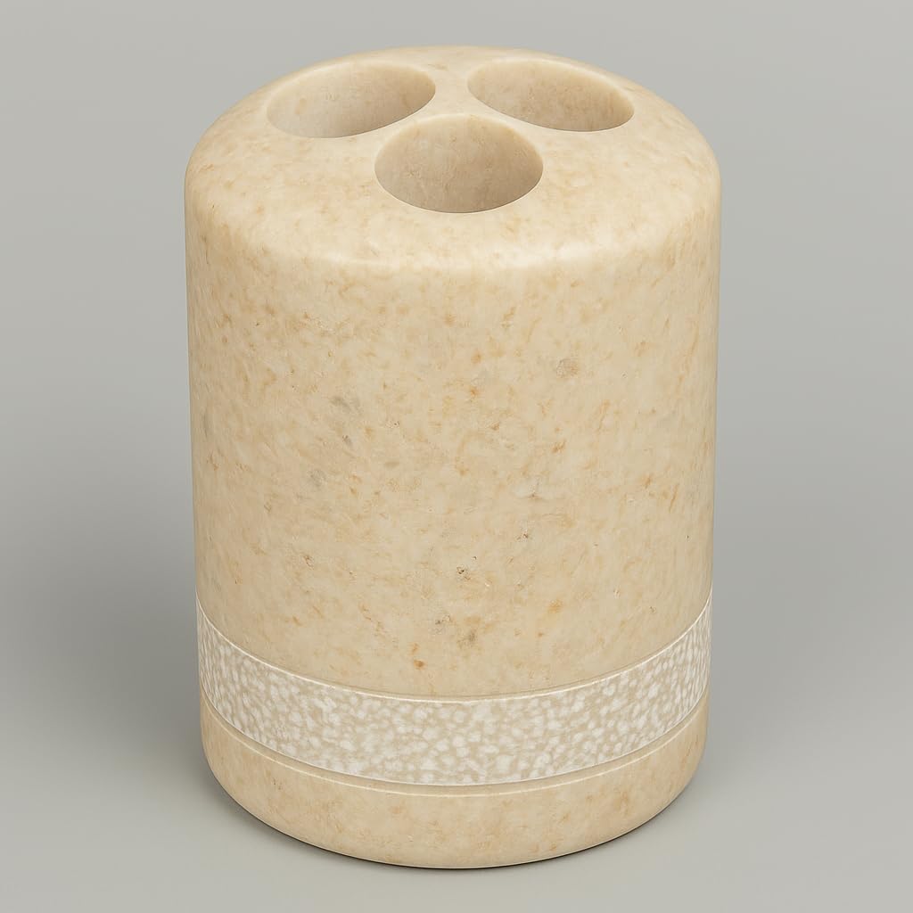 Creative Home Natural Champagne Marble SPA Hand Carved Collection Toothbrush Makeup Brush Holder Bathroom Countertop Organizer, 3.5" Diam. x 4.4" H, Beige