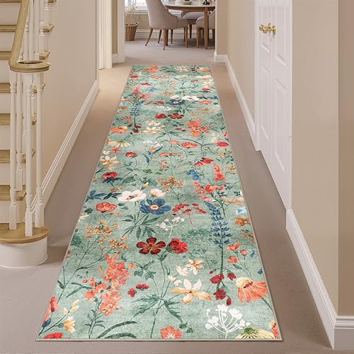 HUGEAR Grün Waschbarer Läufer Teppich Flur 80x300cm Blumenmuster Bettvorleger Blumen Boho Modern Küchen Wohnzimmer Schlafzimmer Teppiche rutschfest Kurzflor Weich Flurläufer Teppichläufer Gr