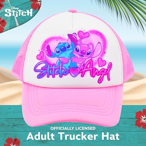 Image of Disney Stitch and Angel Trucker Hat, Adult Baseball Cap with Curved Brim, Pink, One Size