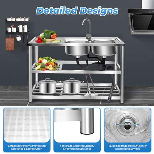 Commercial Restaurant 304 Stainless Steel Utility Sink With Double Storage Shelves, Drainer Unit, Faucet Combo and Strainer (Double Bowl)
