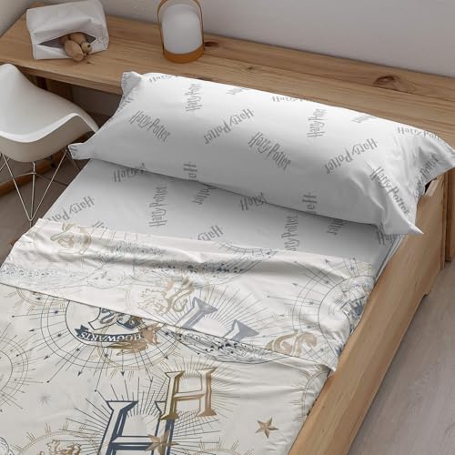 BELUM | Juego de sábanas Harry Potter, Juego de sábanas con Almohada y Bajera Estampadas 100% algodón Modelo HPotter Gold Beige para Cama de 135.