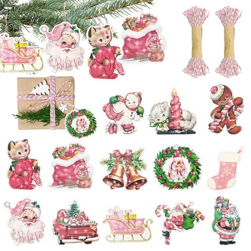 Etiquetas de regalo de papel con cuerda y diseño navideño retro para nombres