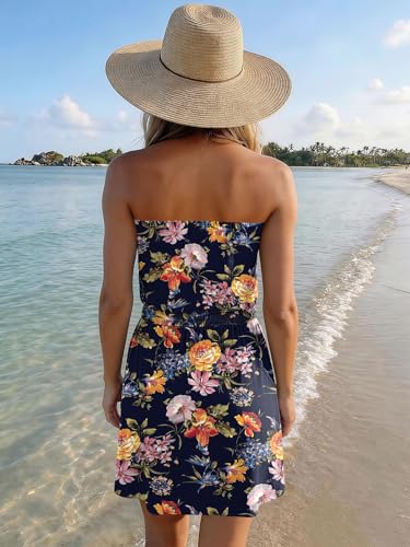 Image of SAUKOLE Summer Dresses for Women Bandeau Strapless Smocked Elastic Waist Sundress Tube Mini Dress with Pockets