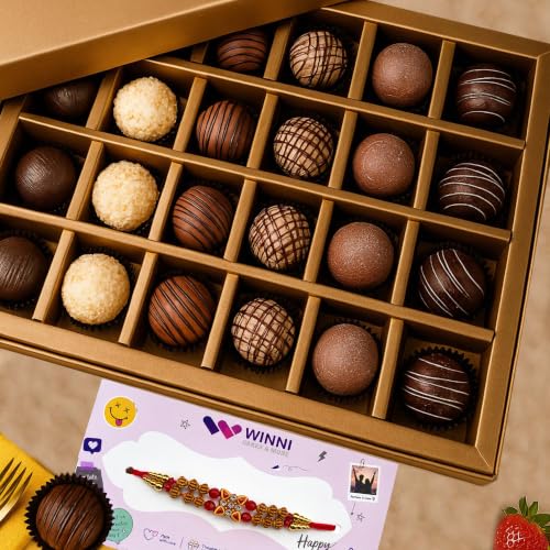 Image of WINNI - Deluxe 24 Pcs Truffle Chocolate + Rakhi Pack | Rakhi Gift For Brother & Sister | Belgian Dark Chocolate Gift Pack | Festival Chocolate Gift Hamper | Rakhi Gift For Girls, Boys, Brother, Sister, Kids, Bhaiya, Bhabhi | Rakhi Gift Set | Raksha Bandhan Celebration Gift | Chocolates Gift Bouquet | Rakhi Gift | Return Gift Box
