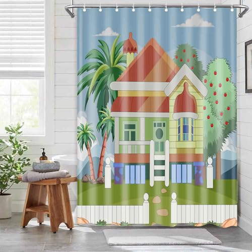 Image of Blue Theme Cartoon House Palm Tree 60x72 Shower Curtain with Hooks | Cartoon House Palm Tree Print On Blue Backdrop, Polyester Curtain With Grommets Hooks For Bathroom Bathtub Decoration