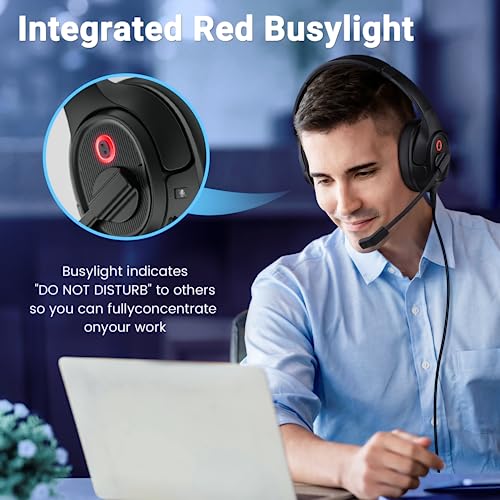 Image of Headset with Microphone for PC, USB Computer Headsets AI-Powered Environmental Noise Cancelling Headphone with Busylight, Mic Mute Boom & Volume Control, Wired Over-Ear Headset for Laptop /Work /Office