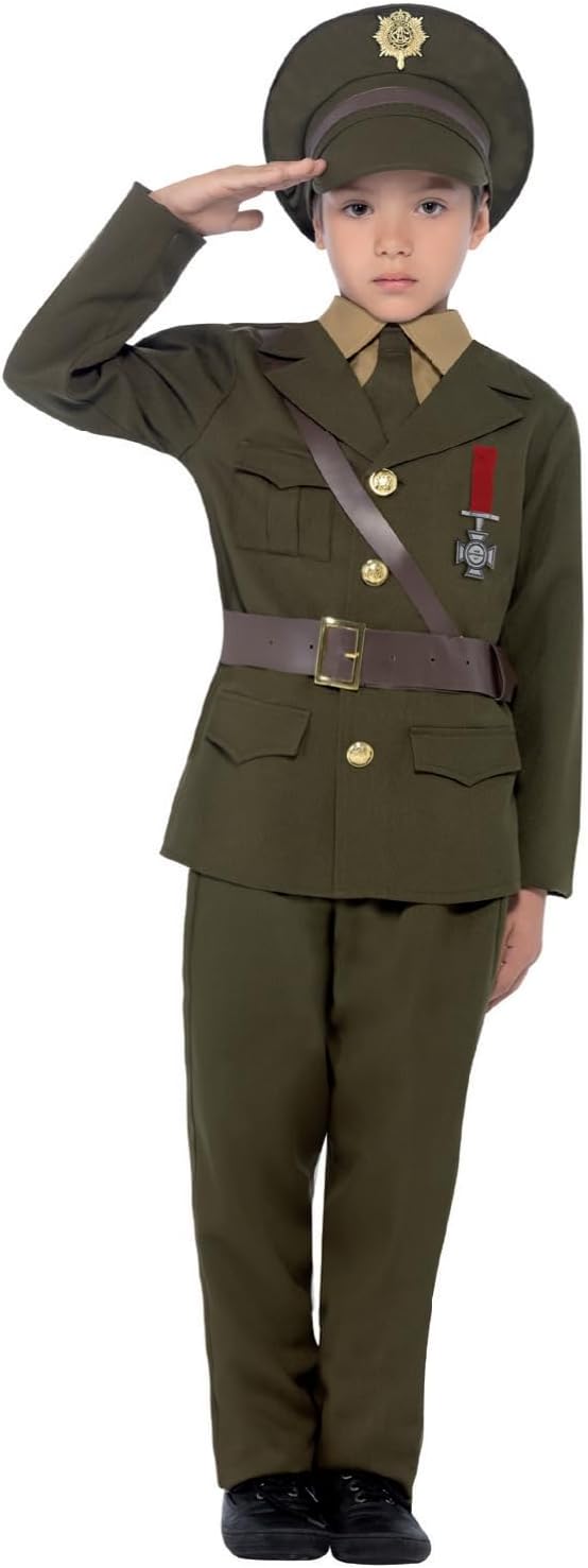 Smiffys Army Officer Costume, Green with Jacket, Belt, Trousers, Hat, Mock Shirt & Tie, Boys Fancy Dress, 1940s Dress Up Costumes