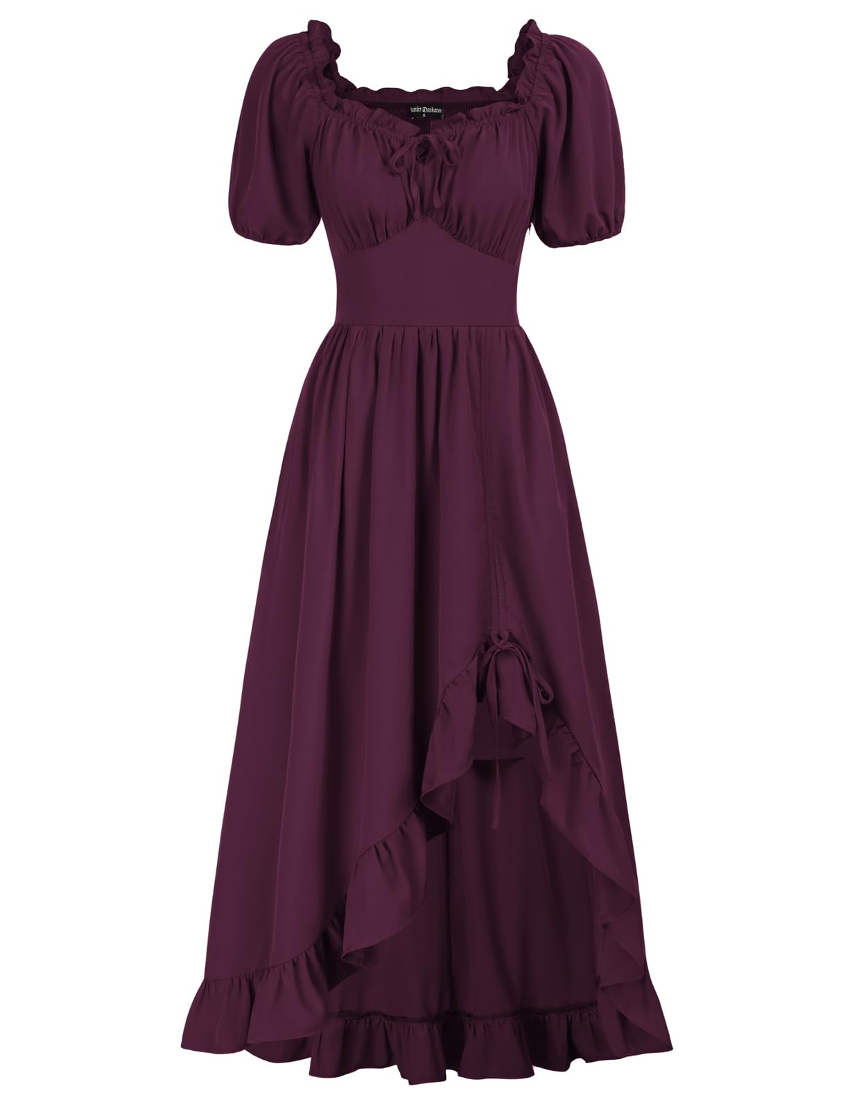 Scarlet Darkness Renaissance Dress Women Cottagecore Corset Dress Ruffle Maxi Dress with Pockets, Wine Red, L