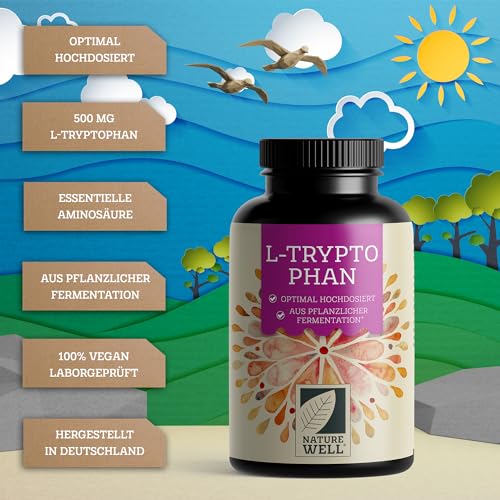 L-Tryptophan hochdosiert - 300x L-Tryptophan Kapseln - 500 mg Tryptophan je Kapsel - 10 Monate Reichweite - veganes Tryptophan aus Fermentation - laborgeprüft mit Zertifikat - 100% vegan