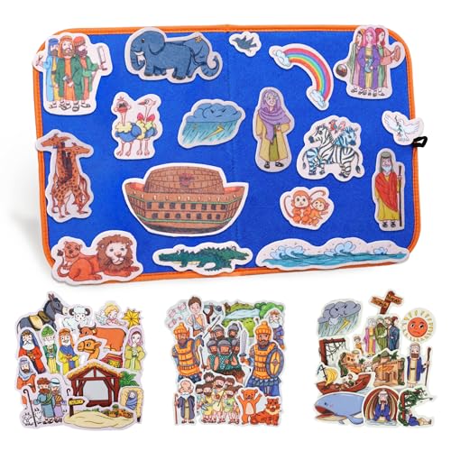 CHEFAN 4 Pack Felt Board Bible Stories Set, Flannel Board Stories Include Noah's Ark, Jonah and The Whale, David and Goliath, The Nativity of Jesus, 50 pcs Precut Flannel Graph Bible Toys for Kids