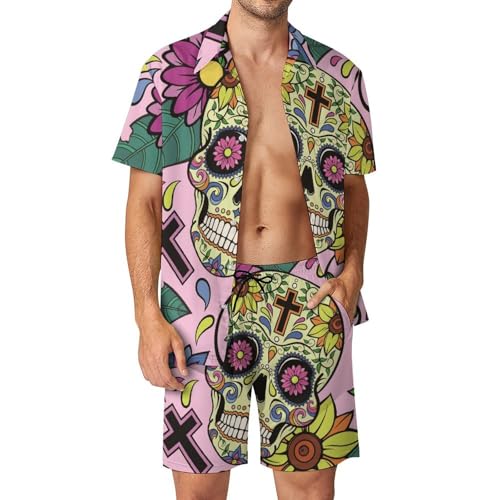 Chemise Hawaïenne Crâne de Fleur Ensemble Fluide Homme Short Pantalon Plage Léger