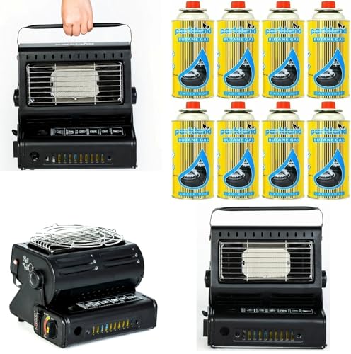2 In 1 Portable Gas Heater & Stove 1.3kW Butane Gas Heater Compact Lightweight Ceramic Burner Auto Ignition for Outdoor Indoor Home Office Camping Fishing Caravan Picnic and Party (Heater + 8 Cans)