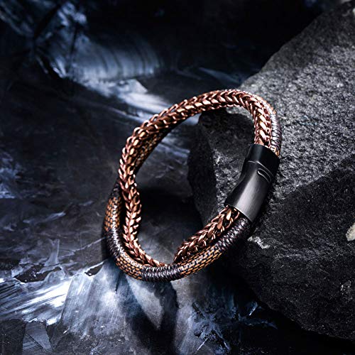 Image of Men's Leather and Steel Chain Bracelet with Clasp