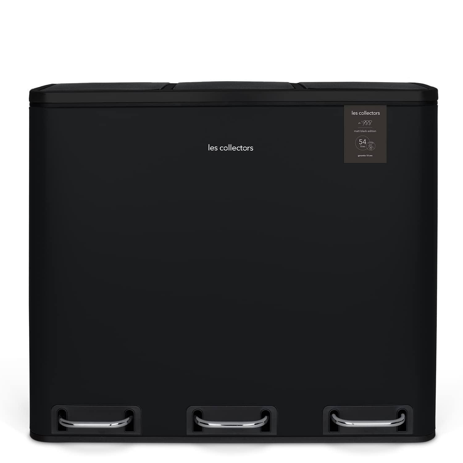 Les Collectors Mülleimer N°988, 54 L, passend für 30–60-Liter-Säcke, 3 Fächer 18L, Küchen-Tretabfalleimer Edelstahl, Fassungsvermögen, herausnehmbarer Inneneimer, elegantes Design, Schwarz