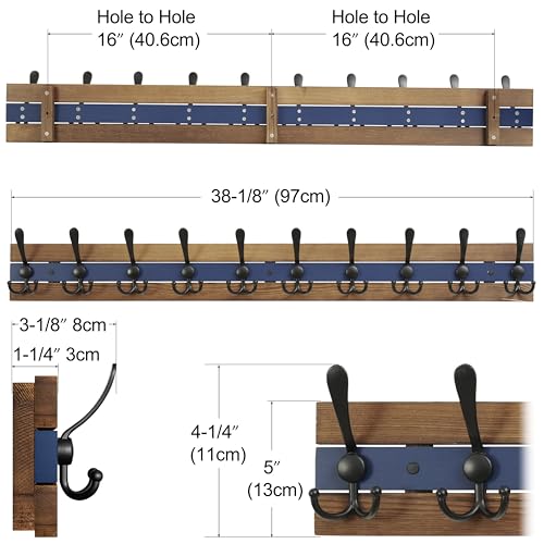 Image of SKOLOO Rustic Coat Rack Wall Mount- 38-1 /8 inch Long Coat Hooks for Wall with 10 Triple Hooks for Hanging Coats, Hats or Tools, Western National Parks Collection, Wood Brown & Blue, Pack of 2